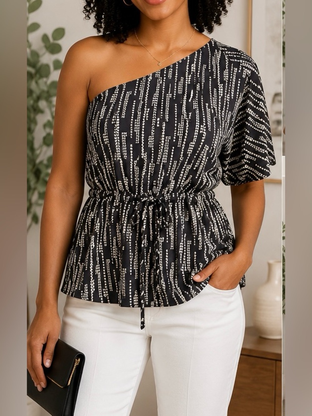 NWT Collective Concepts One Shoulder Blouse | Large | Black & White w/ Tie Waist